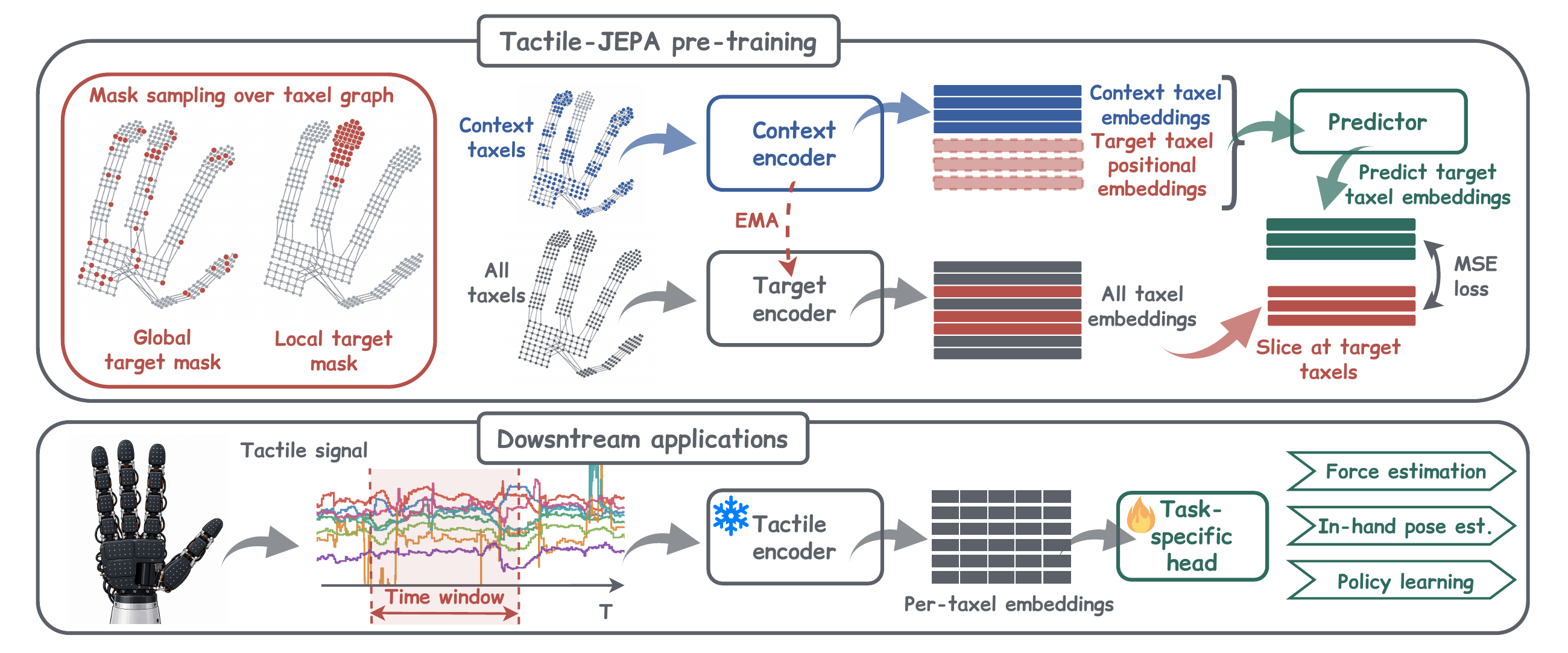 Pretraining: context encoder and predictor match masked embeddings from an EMA target encoder. Downstream: the frozen encoder supplies features to task-specific heads.